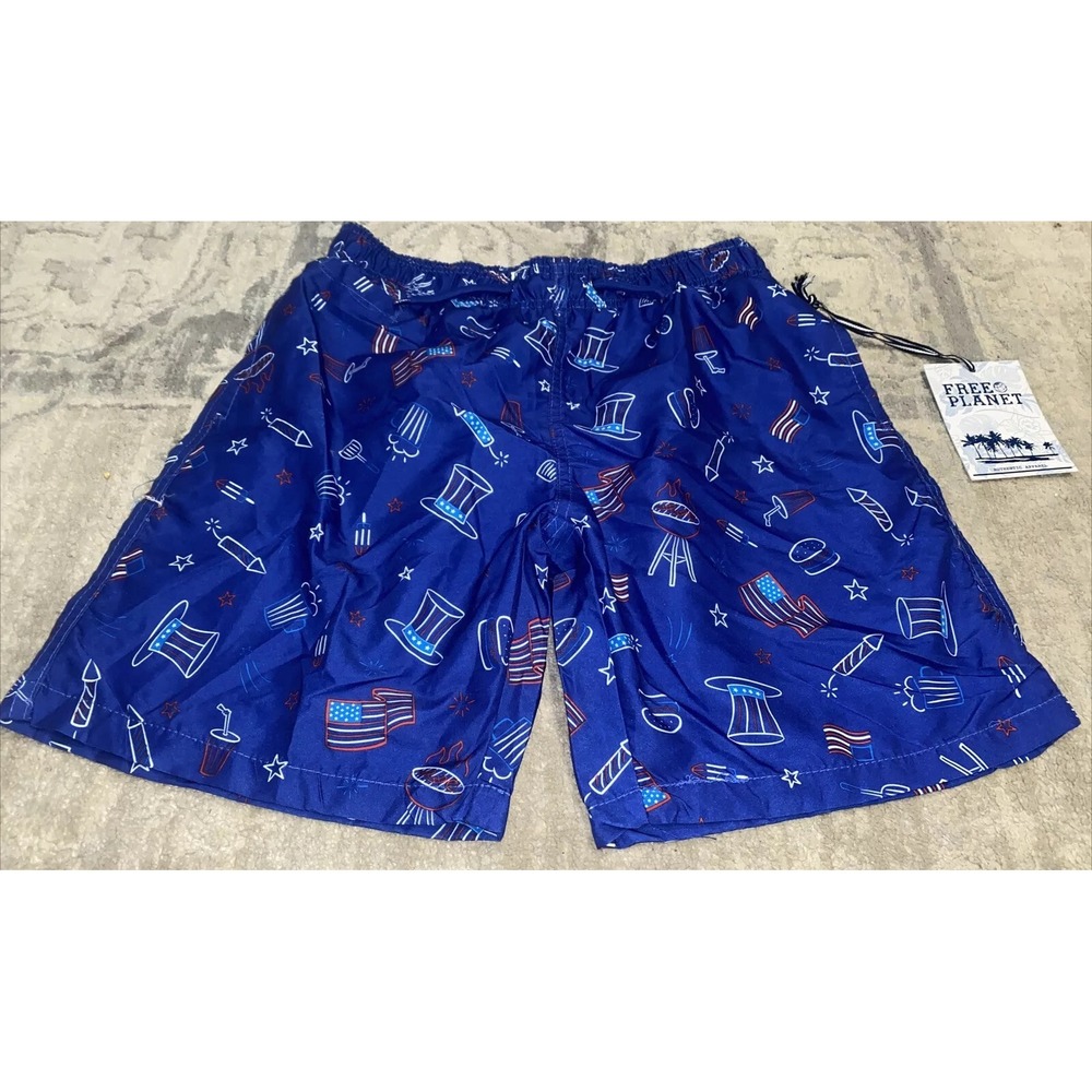New Free Planet Shorts Swim Trunks Boys Blue Flags Fireworks‎ Cruise Beach Sz 16
